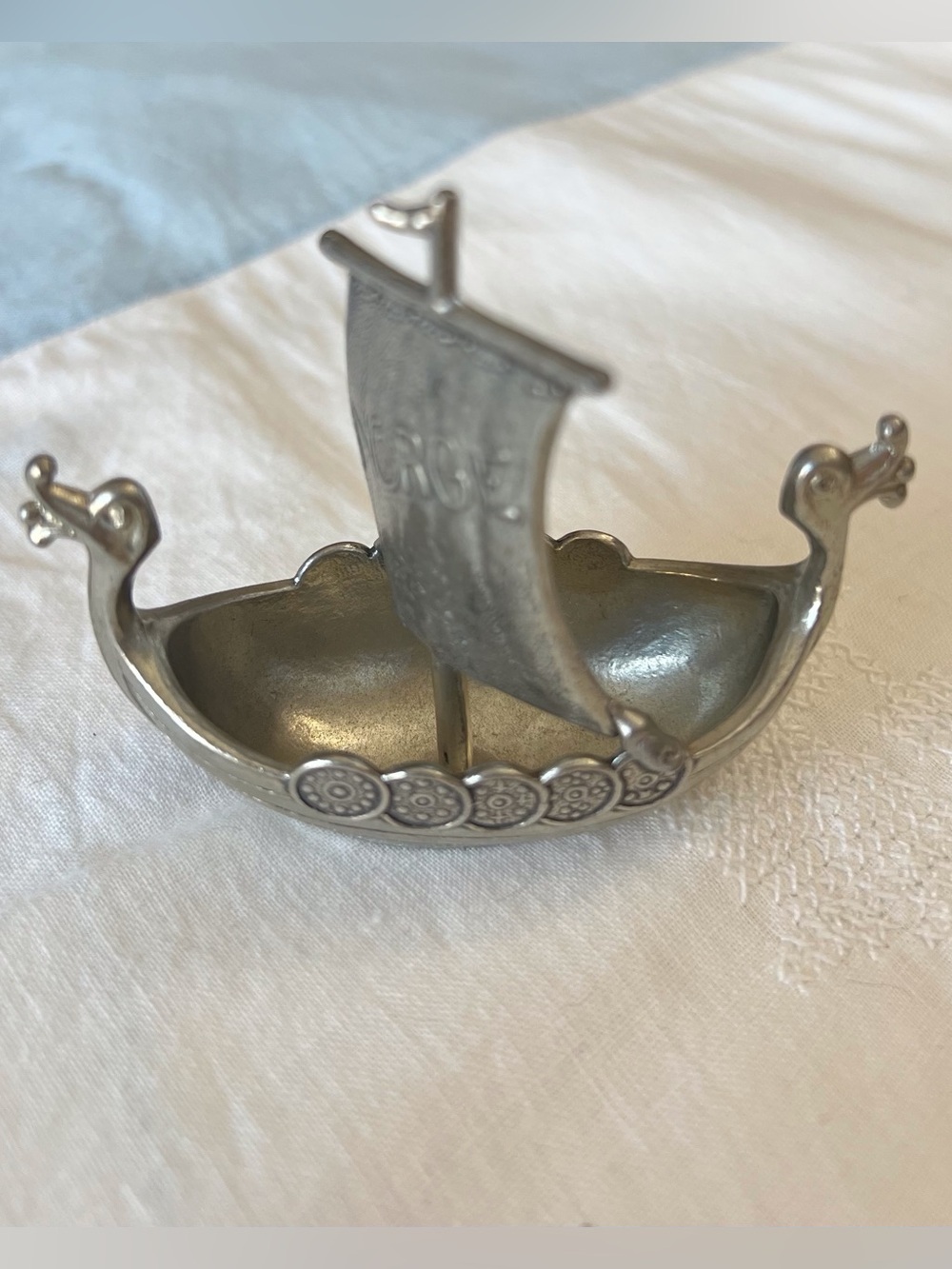 Vintage Handcast TPB Tinn Pewter Viking Ship Small Figurine Norway Salt Cella